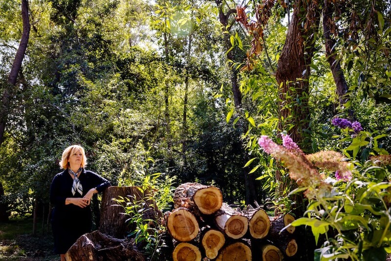 Een vrouw bij een boomstam in een groene, bosrijke omgeving